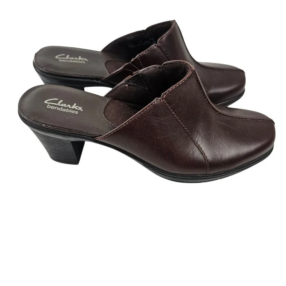 Clarks Bendable Womens Size 7M Mule Shoes Brown Leather Slip On Block Heel - Picture 6 of 9